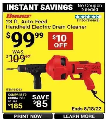 Harbor Freight Tools Bauer 23 ft auto-feed handheld electric drain cleaner offer