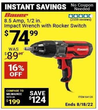 Harbor Freight Tools Bauer 8.5 amp 1 2 in impact wrench with rocker switch offer
