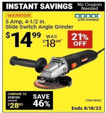 Harbor Freight Tools Warrior 5 amp 4-1 2 in slide switch angle grinder offer
