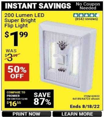 Harbor Freight Tools 200 lumen led super bright flip light offer