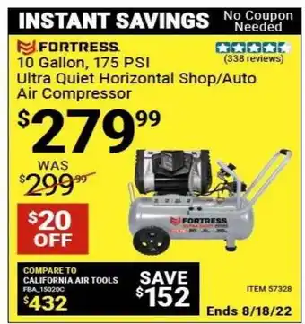 Harbor Freight Tools Fortress 10 gallon 175 psi ultra quiet horizontal shop auto air compressor offer