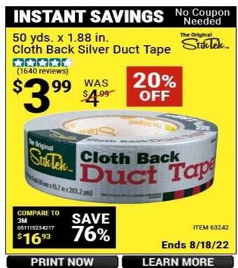 Harbor Freight Tools 50 yds x 1.88 in cloth back silver duct tape offer