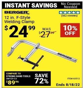 Harbor Freight Tools Berger 12 in f-style welding clamp offer