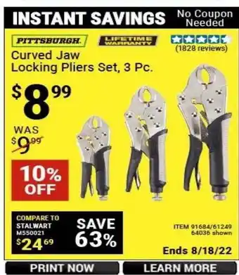 Harbor Freight Tools Pittsburgh curved jaw locking pliers set offer