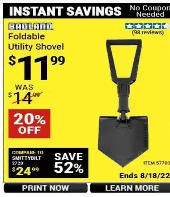 Harbor Freight Tools Badland foldable utility shovel offer