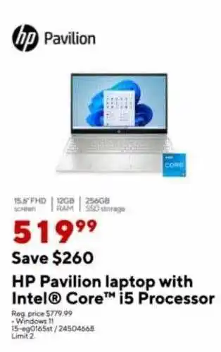 Staples Hp pavilion laptop with intel core i5 processor offer