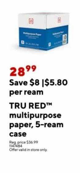 Staples True red multipurpose paper 5-ream case offer