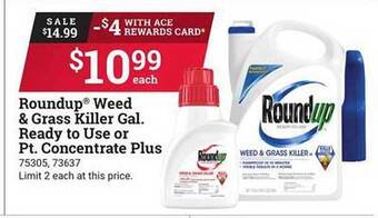 Ace Hardware Roundup weed & grass killer gal ready to use or pt concentrate plus offer