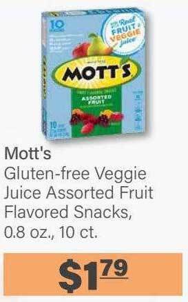 Commissary Mott's gluten-free veggie juice assorted fruit flavored snacks offer