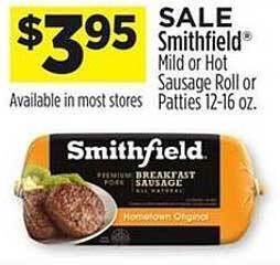Dollar General Smithfield mild or hot sausage roll or patties offer