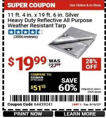 Harbor Freight Tools 11 ft 4 in x 19 ft 6 in silver heavy duty reflective all purpose weather resistant tarp offer