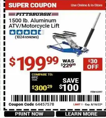 Harbor Freight Tools Pittsburgh 1500 lb aluminum atv motorcycle lift offer