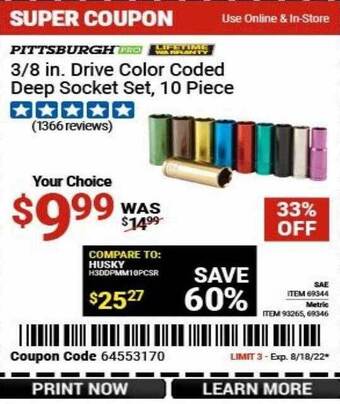 Harbor Freight Tools Pittsburgh 3 8 in drive color coded deep socket set 10 piece offer