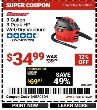 Harbor Freight Tools Bauer 3 gallon 3 peak hp wet dry vacuum offer