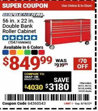 Harbor Freight Tools Us general 56 in x 22 in double bank roller cabinet offer