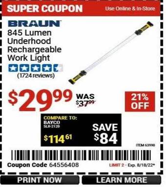 Harbor Freight Tools Braun 845 lumen underhood rechargeable work light offer