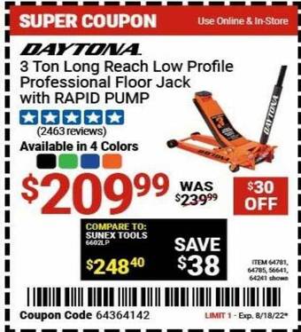 Harbor Freight Tools Daytona 3 ton long reach low profile professional floor jack with rapid pump offer