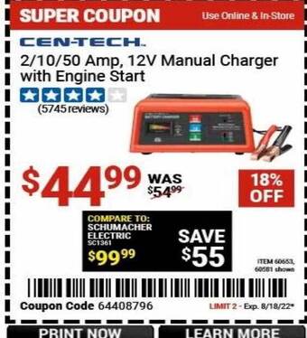 Harbor Freight Tools Cen-tech 2 10 50 amp 12v manual charger with engine start offer