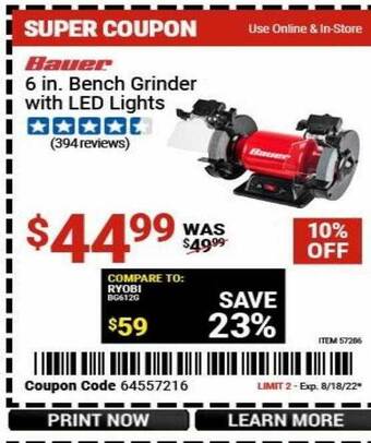 Harbor Freight Tools Bauer 6 in bench grinder with led lights offer