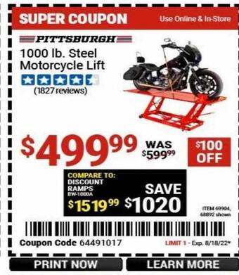 Harbor Freight Tools Pittsburgh 1000 lb steel motorcycle lift offer