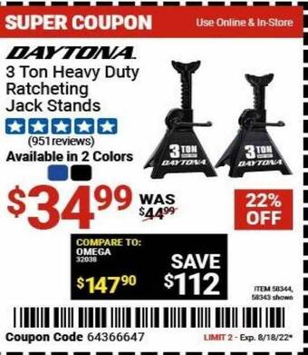 Harbor Freight Tools Daytona 3 ton heavy duty ratcheting jack stands offer
