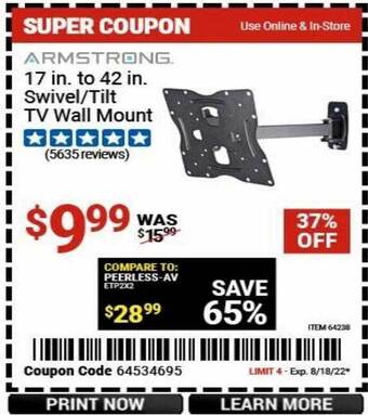 Harbor Freight Tools Armstrong 17 in to 42 in swivel tilt tv wall mount offer