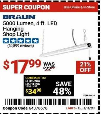 Harbor Freight Tools Braun 5000 lumen 4 ft led hanging shop light offer