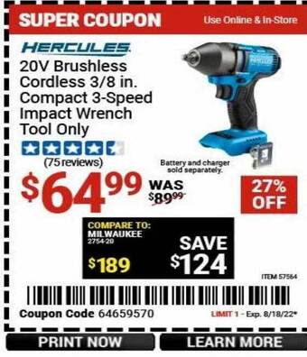 Harbor Freight Tools Hercules 20v brushless cordless 3 8 in compact 3-speed impact wrench tool only offer