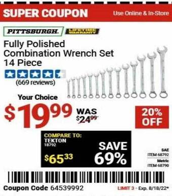 Harbor Freight Tools Pittsburgh fully polished combination wrench set 14 piece offer