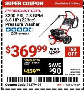 Harbor Freight Tools Predator 3200 psi 2.8 gpm 6.8 hp (223cc) pressure washer offer