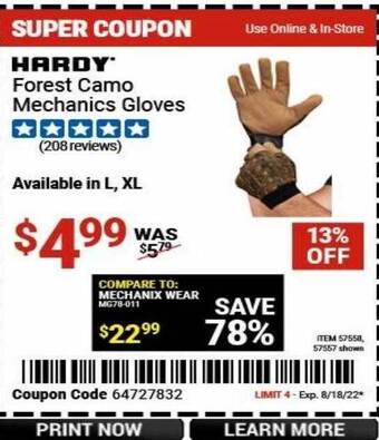 Harbor Freight Tools Hardy forest camo mechanics gloves offer