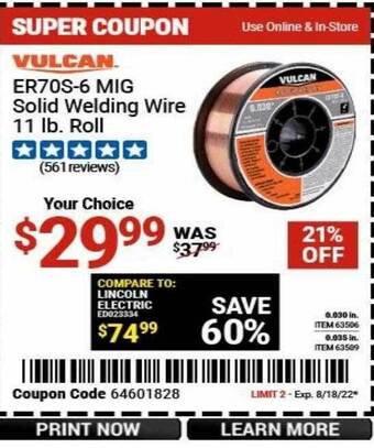 Harbor Freight Tools Vulcan er70s-6 mig solid welding wire 11 lb roll offer