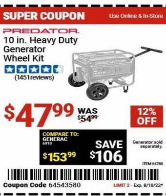 Harbor Freight Tools Predator 10 in heavy duty generator wheel kit offer