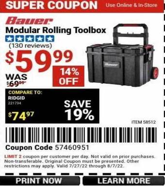 Harbor Freight Tools Bauer modular rolling toolbox offer