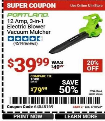 Harbor Freight Tools Portland 12 amp 3-in-1 electric blower vacuum mulcher offer