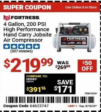 Harbor Freight Tools Fortress 4 gallon 200 psi high performance hand carry jobsite air compressor offer