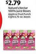 Aldi Nature's nectar 100% juice boxes apple or fruit punch eight offer
