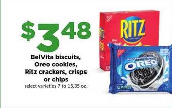 Hy-Vee Belvita biscuits, oreo cookies, ritz crackers, crisps or chips offer
