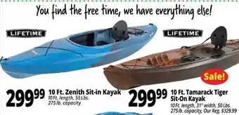 Ocean State Job Lot Lifetime 10 ft. zenith sit-in kayak, 10 ft. tamarack tiger sit-on kayak offer
