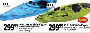 Ocean State Job Lot 10 ft. aruba sit-in kayak, 10 ft. bali sit-on kayak offer