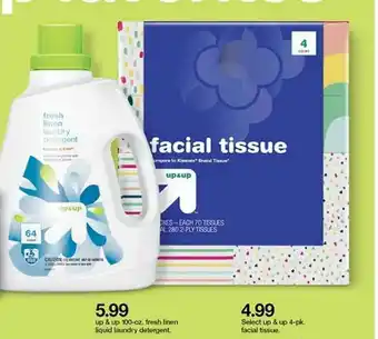 Target Up & Up 100-oz Fresh Linen Liquid Laundry Detergent, Select Up & Up 4-pk Facial Tissue offer