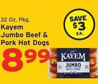 Hannaford Kayem jumbo beef & pork hot dogs offer