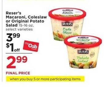 Cub Foods Reser's macaroni, coleslaw or original potato salad offer