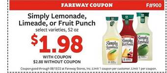 Fareway Simply lemonade, limeade, or fruit punch offer