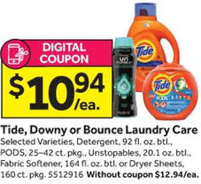 Stop&Shop Tide, Downy or Bounce Laundry Care offer