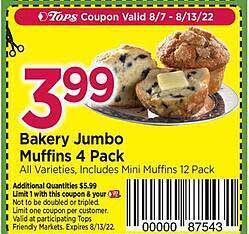 Tops Bakery jumbo muffins 4 pack offer