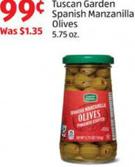 Aldi Tuscan Garden Spanish Manzanilla Olives 5.75 oz. offer
