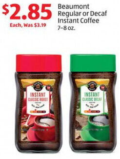 Aldi Beaumont Regular or Decaf Instant Coffee 7-8 oz. offer