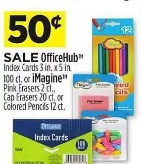 Dollar General Officehub index cards or imagine pink erasers, cap erasers or colored pencils offer