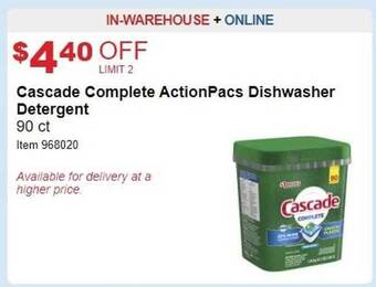 Costco Cascade complete actionpacs dishwasher detergent offer
